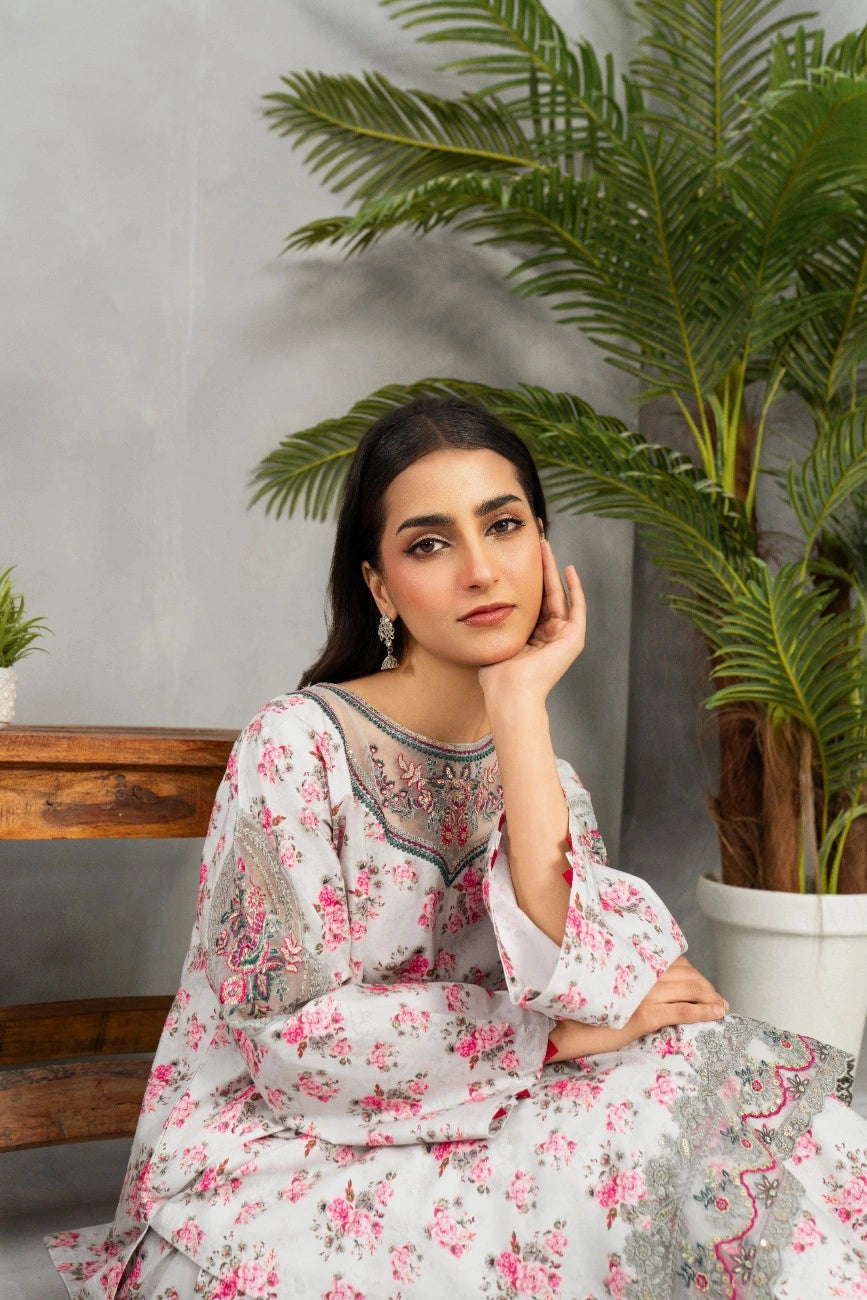 AttirePret | Elegant Cambric Suit – White Floral Print