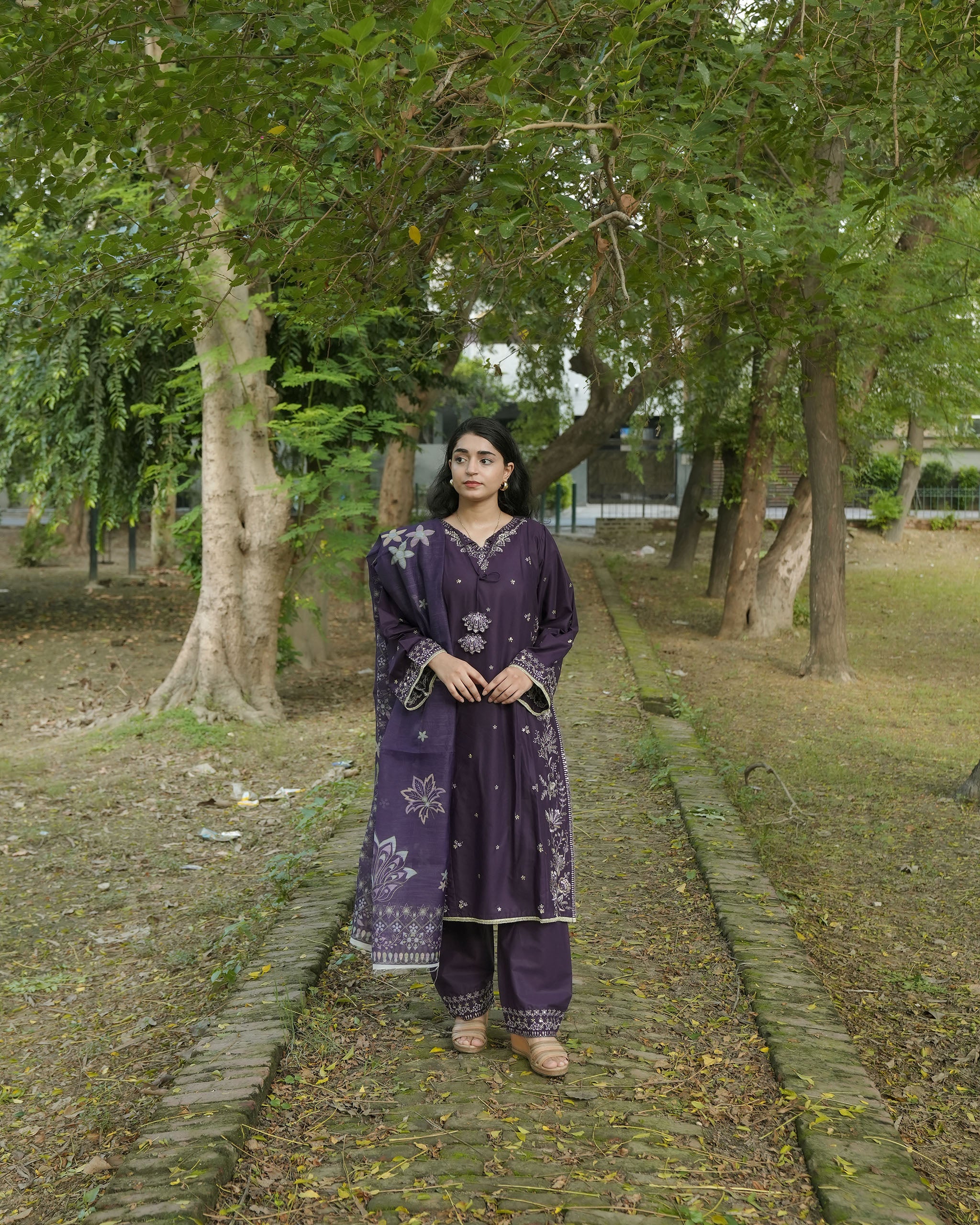AttirePret Deep Plum 3-Piece Cotton Embroidered Suit