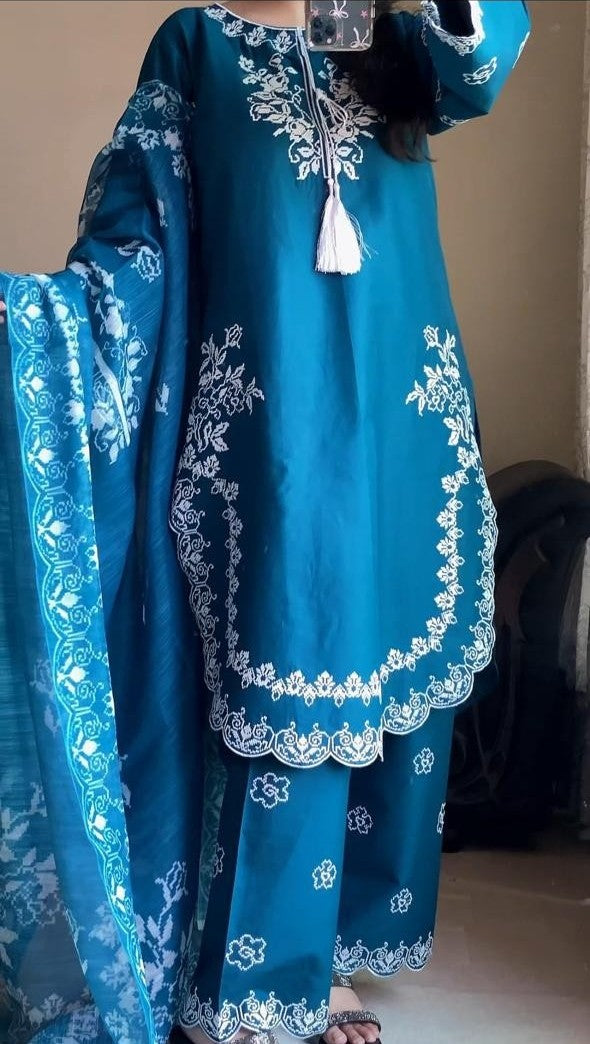 AttirePret Teal Blue 3-Piece Embroidered Cotton Suit