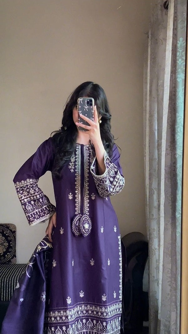 Royal Purple 3-Piece Embroidered Cotton Suit – By Attirepret
