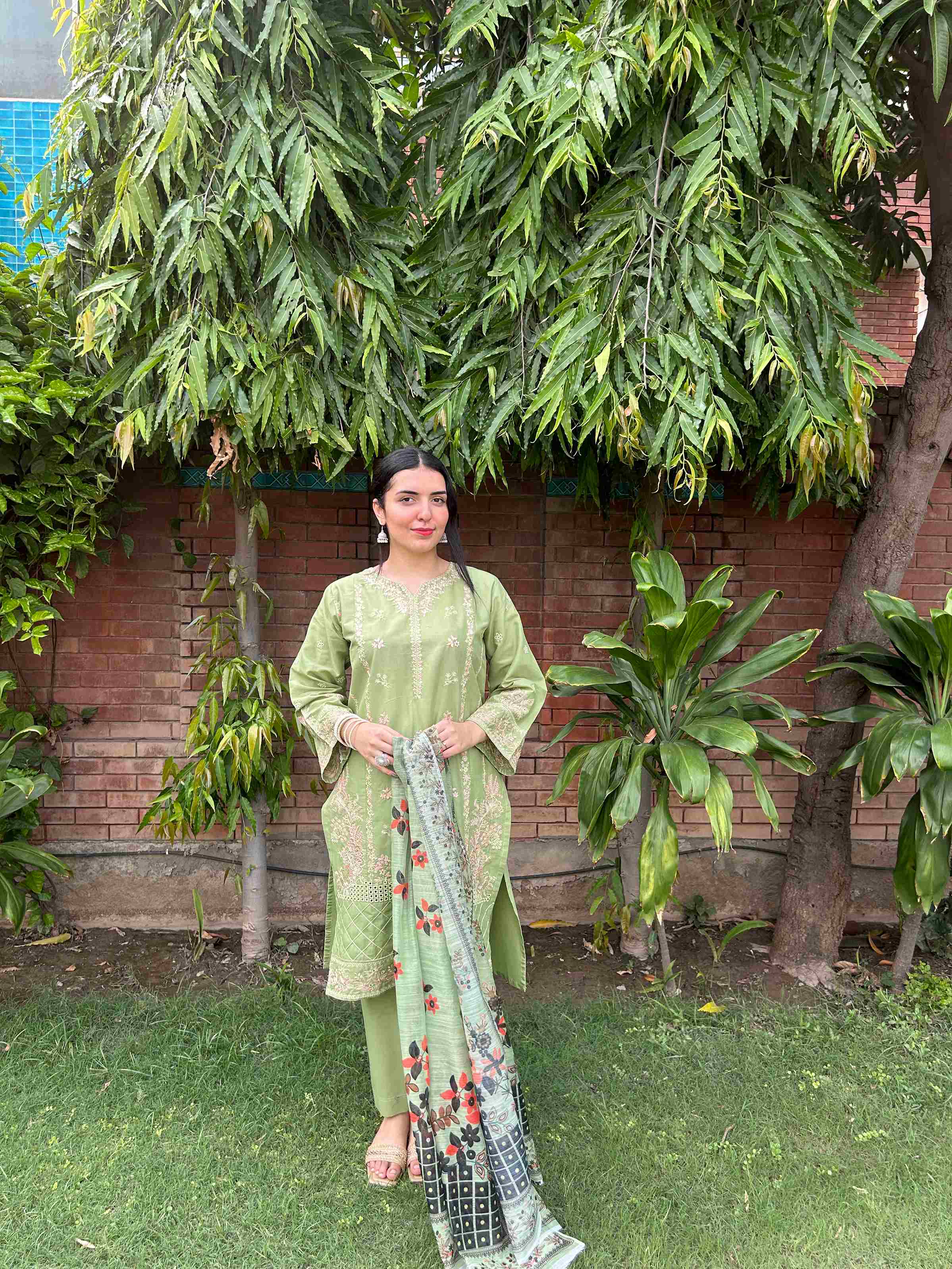 Attirepret Light Green Cotton 3-Piece Embroidered Suit