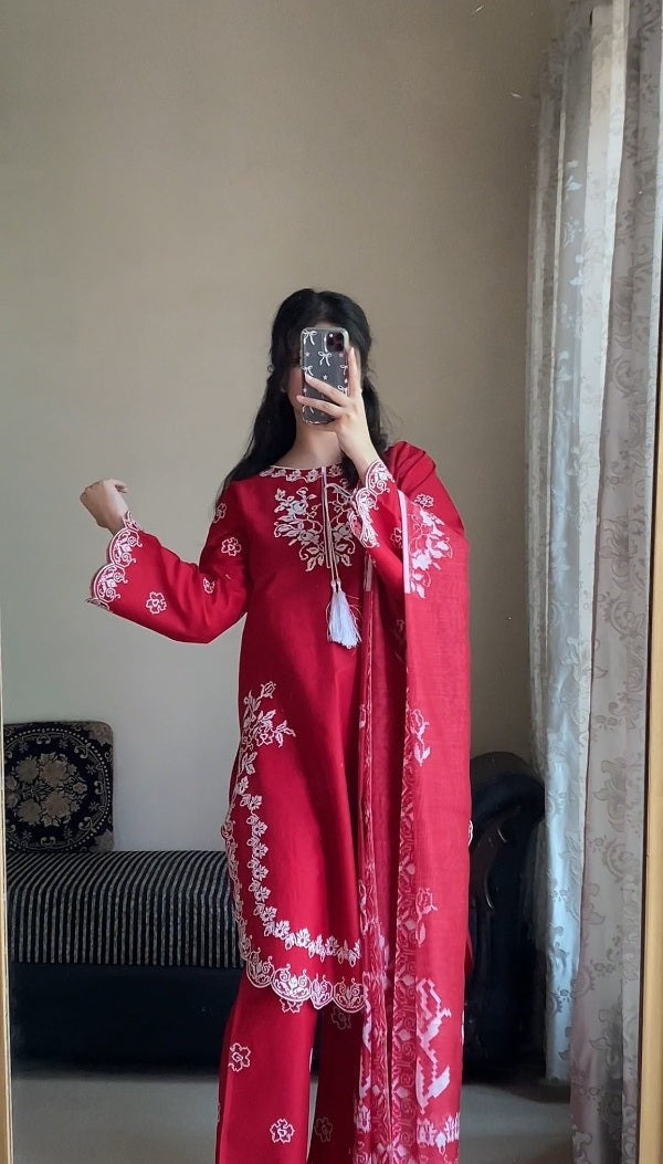 AttirePret 3-Piece Red Cotton Suit | Cross Stitch Embroidery