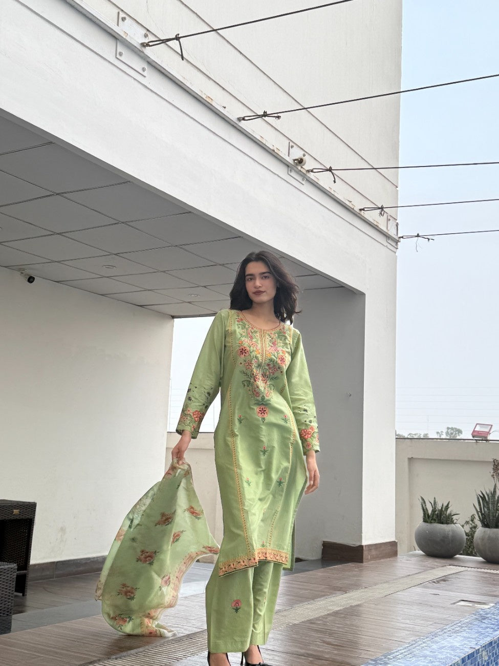 Fresh Pistachio Bloom: Embroidered 3-Piece Cotton Suit