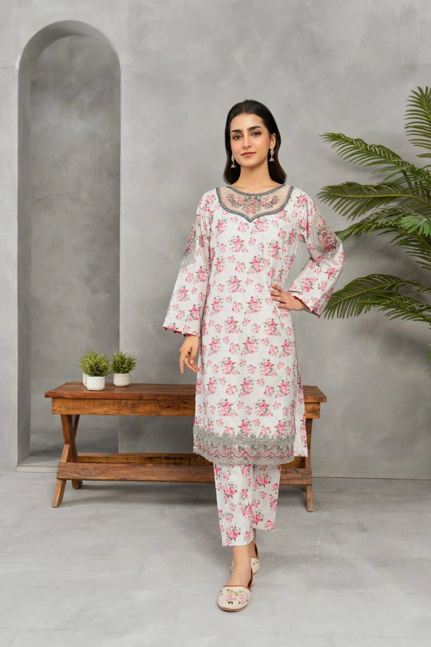 AttirePret | Elegant Cambric Suit – White Floral Print