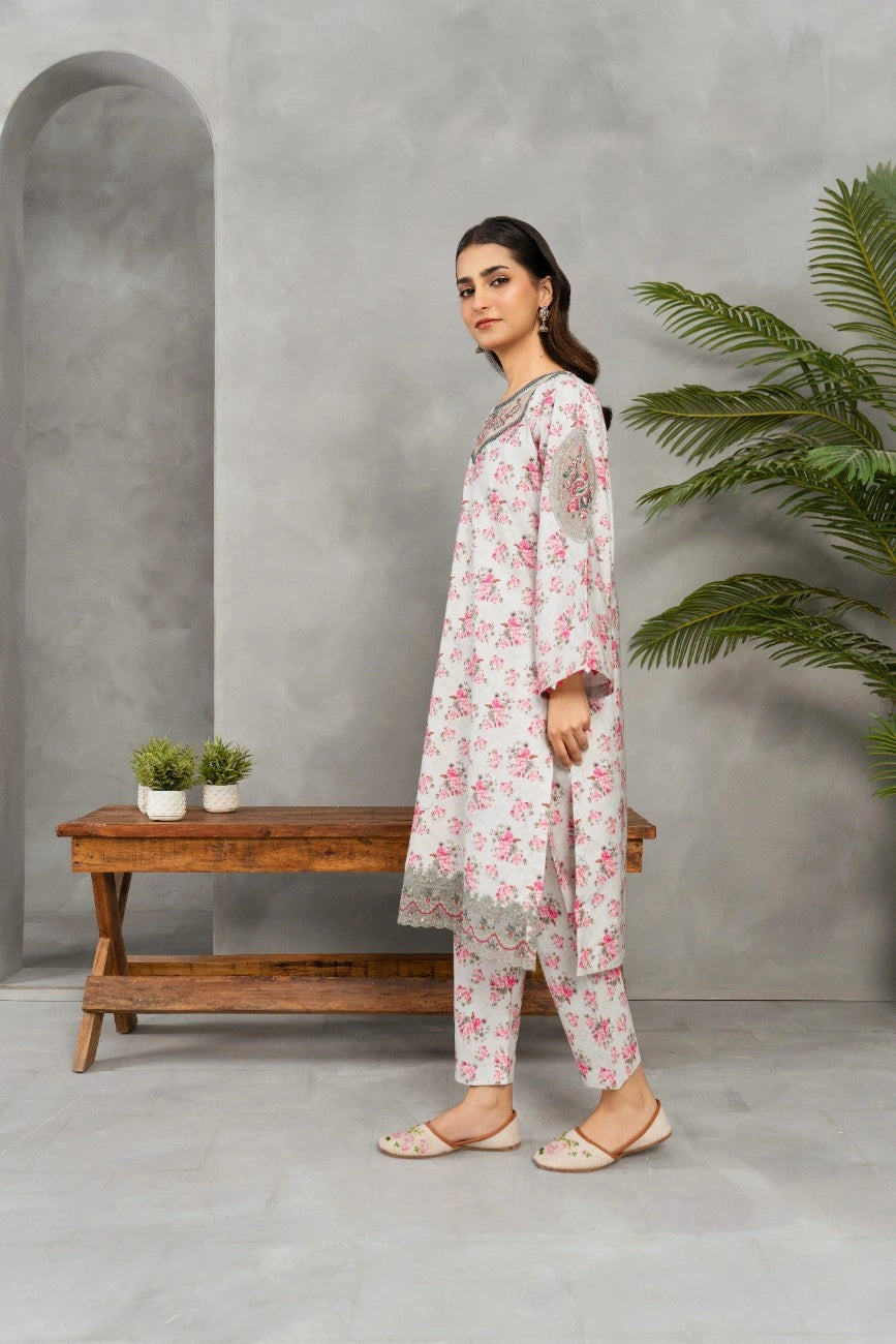 AttirePret | Elegant Cambric Suit – White Floral Print