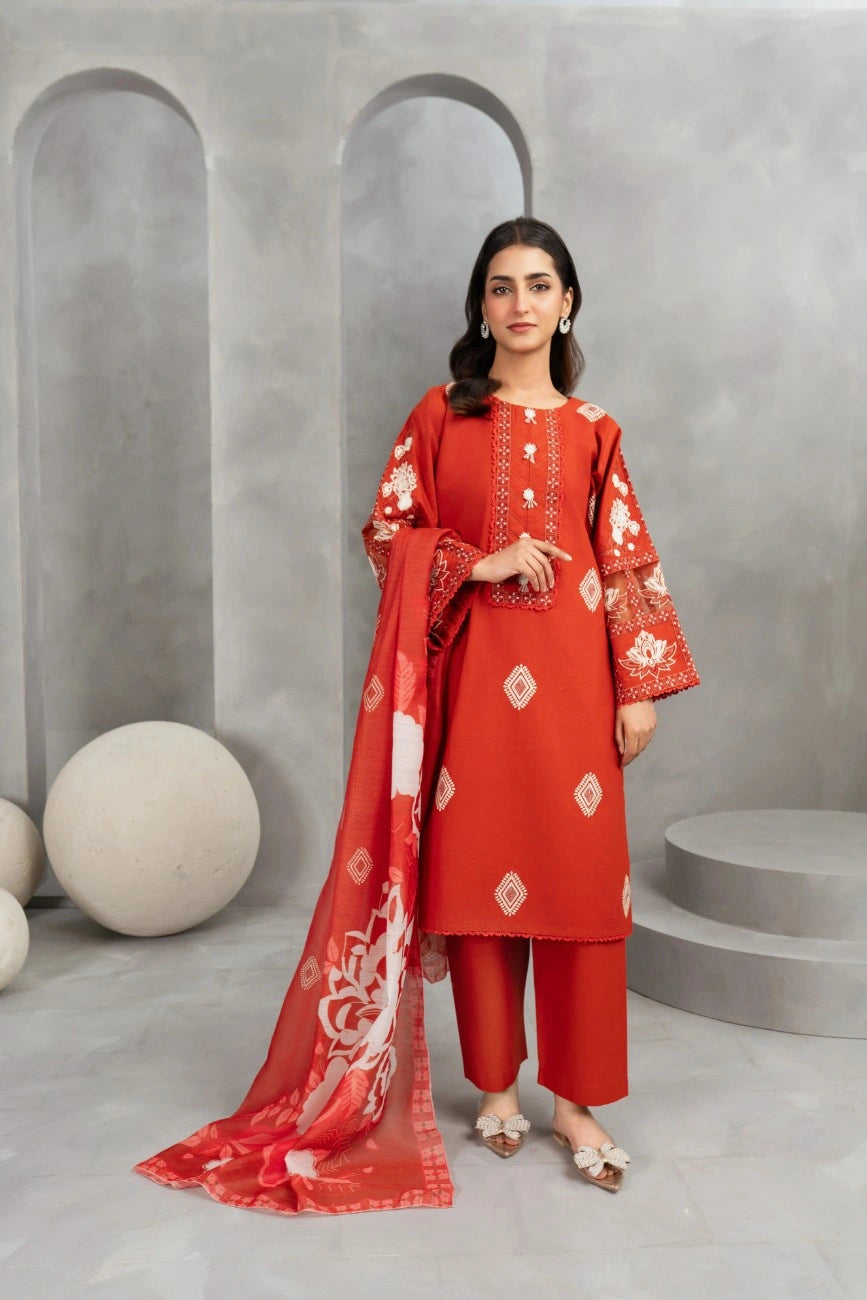 AttirePret Rust Red 3-Piece Embroidered Khaddar Suit – Elegant Winter Wear