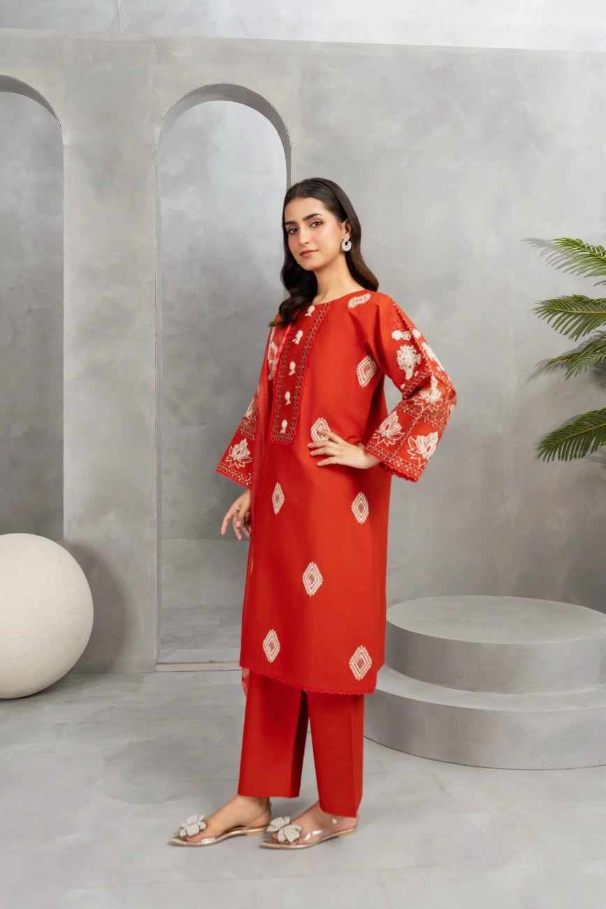 AttirePret Rust Red 3-Piece Embroidered Khaddar Suit – Elegant Winter Wear