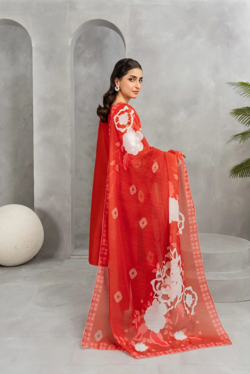 AttirePret Rust Red 3-Piece Embroidered Khaddar Suit – Elegant Winter Wear
