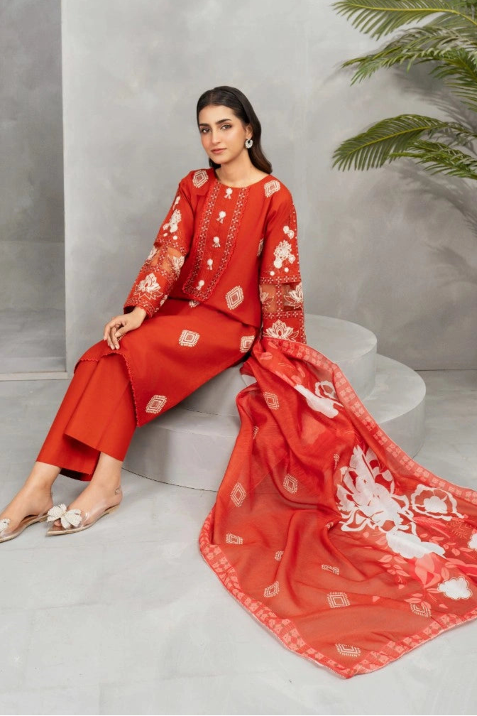 AttirePret Rust Red 3-Piece Embroidered Khaddar Suit – Elegant Winter Wear