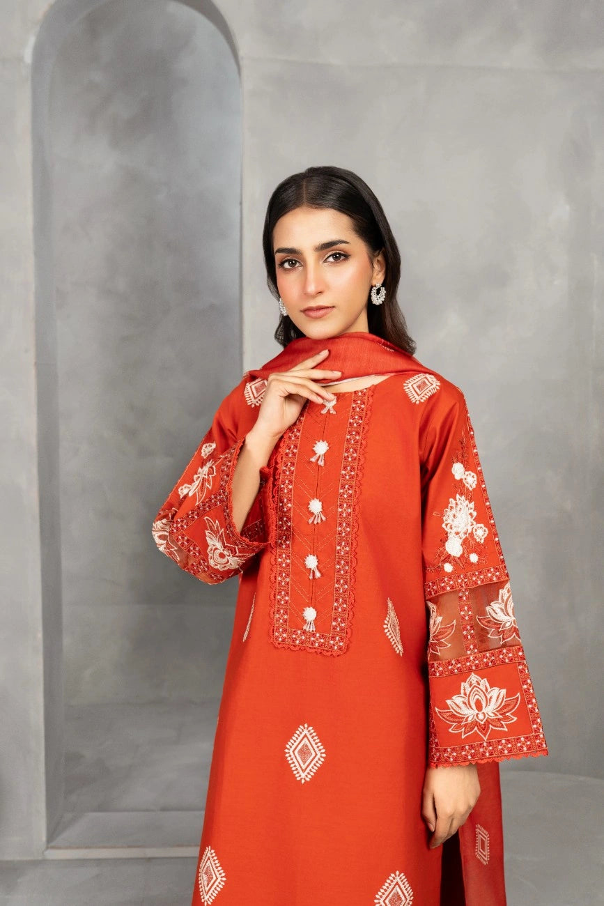 AttirePret Rust Red 3-Piece Embroidered Khaddar Suit – Elegant Winter Wear