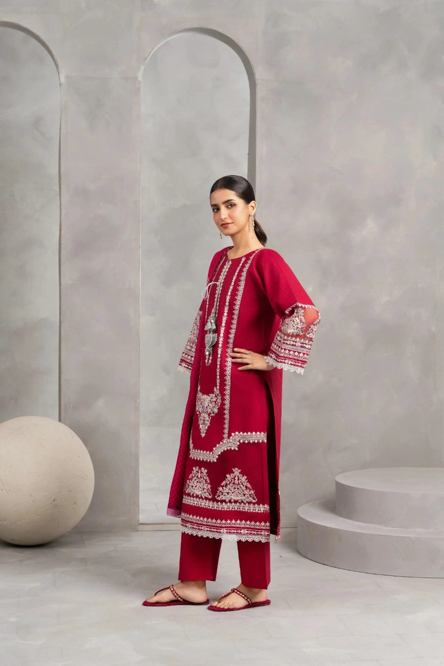 Attirepret Maroon Khaddar 3-Piece Suit Embroidered