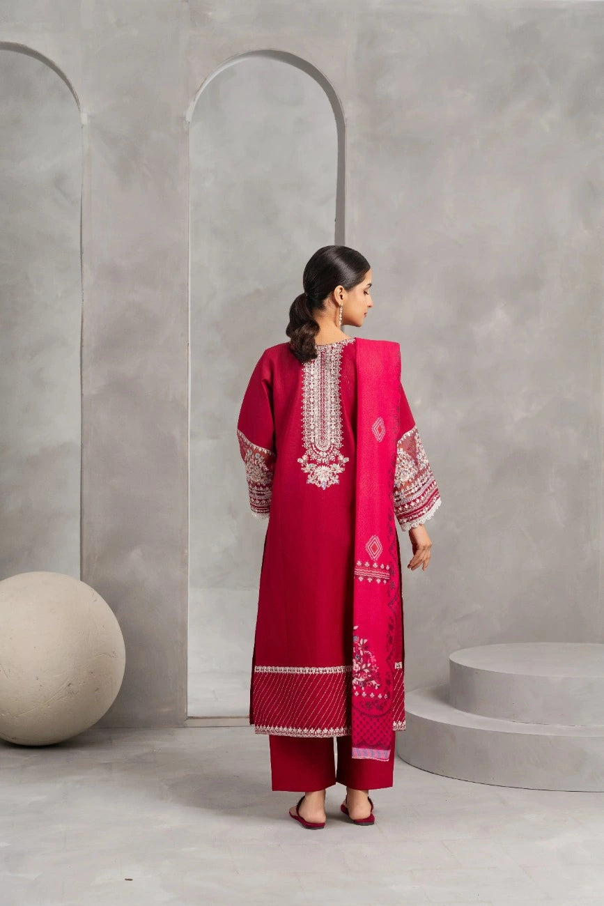 Attirepret Maroon Khaddar 3-Piece Suit Embroidered