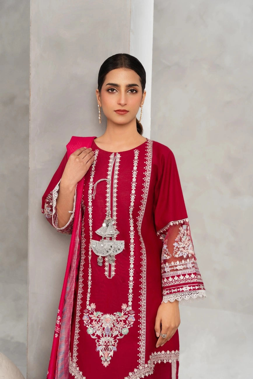 Attirepret Maroon Khaddar 3-Piece Suit Embroidered