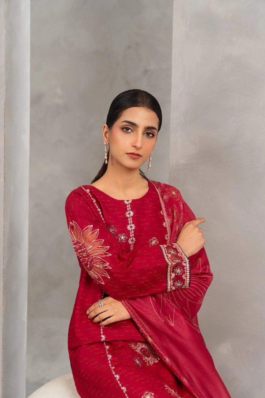 Traditional Red Embroidered Kurta Set - Attirepret