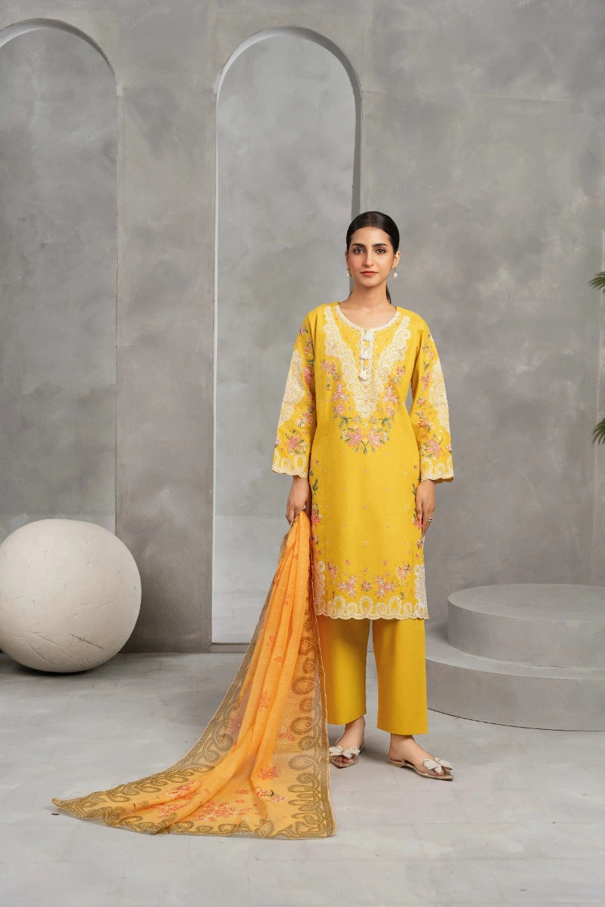 AttirePret Mustard Yellow 3-Piece Embroidered Khaddar Suit