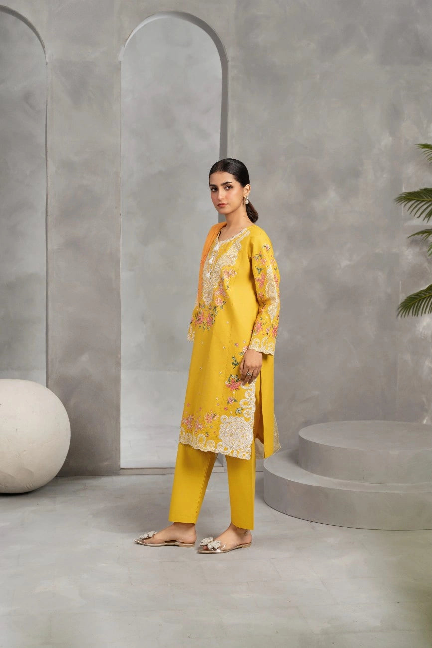 AttirePret Mustard Yellow 3-Piece Embroidered Khaddar Suit