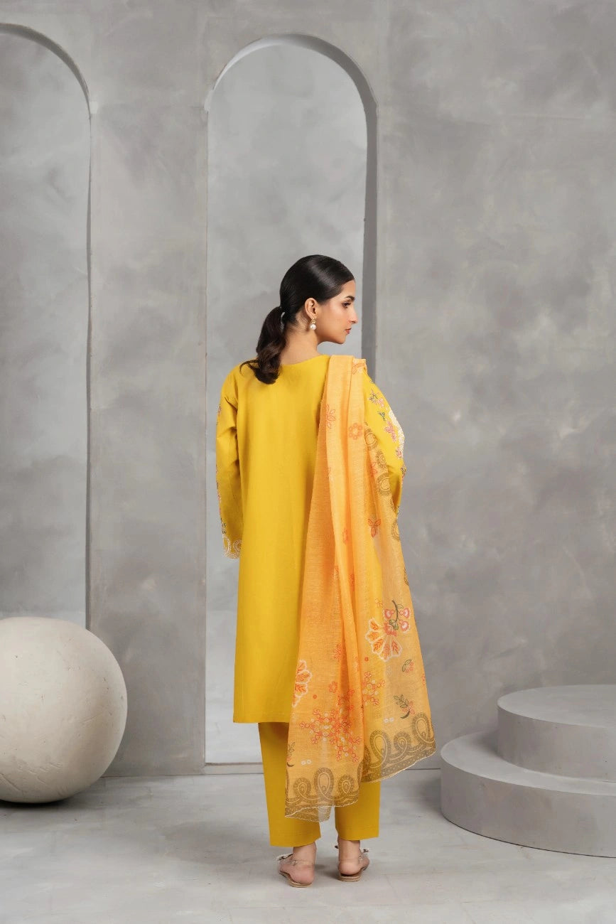 AttirePret Mustard Yellow 3-Piece Embroidered Khaddar Suit