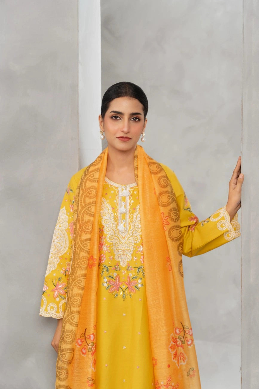 AttirePret Mustard Yellow 3-Piece Embroidered Khaddar Suit