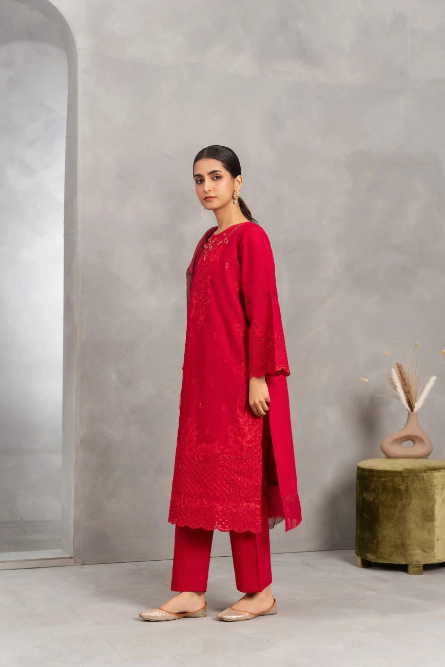Red Traditional Dress Ruby Radiance 3 Piece Embroidered - Attirepret