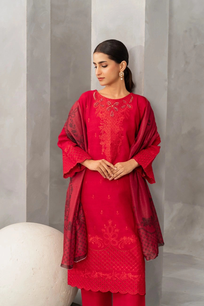Red Traditional Dress Ruby Radiance 3 Piece Embroidered - Attirepret