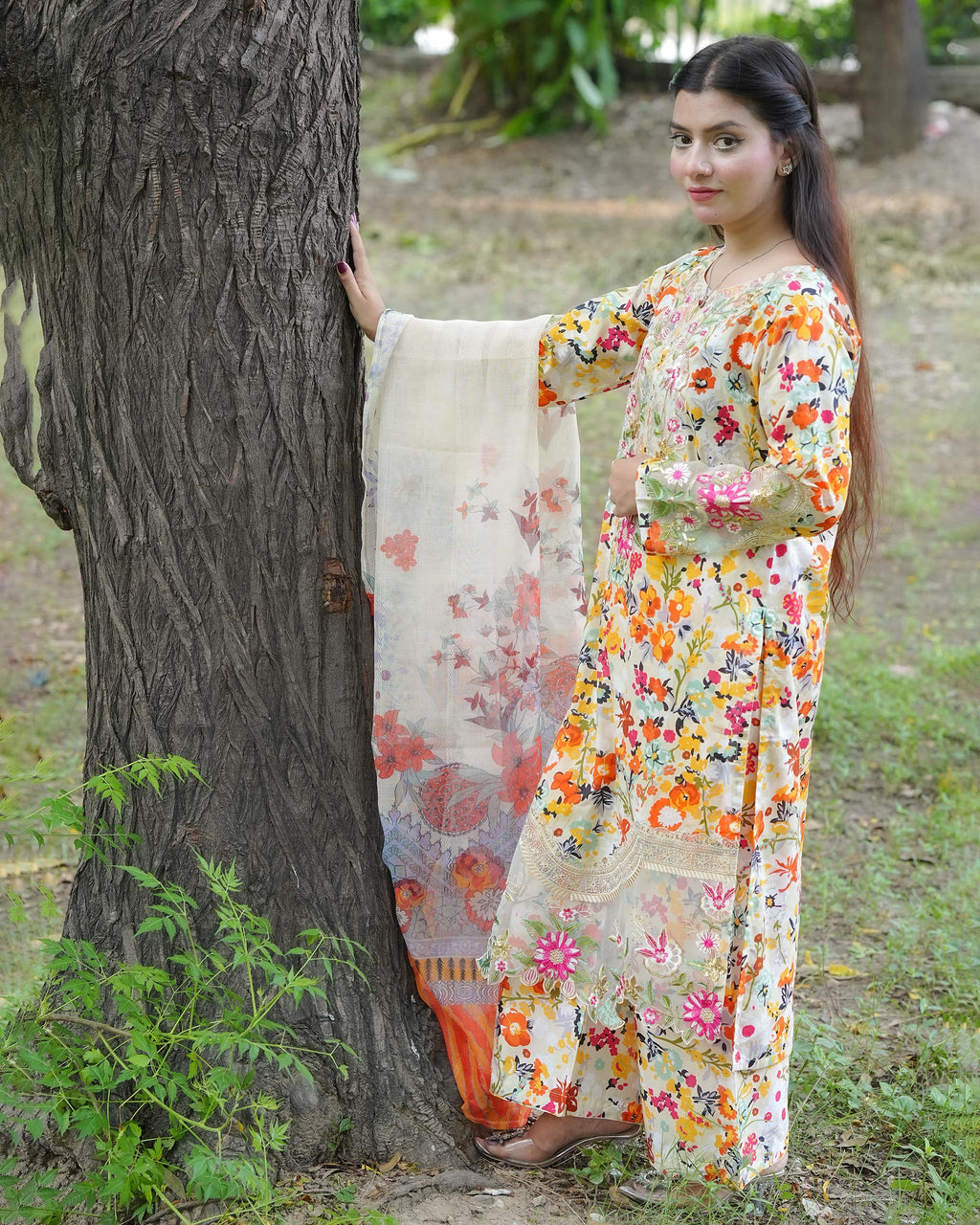 Veloria – Floral Elegance 3 Piece Cotton Suit by Attirepret