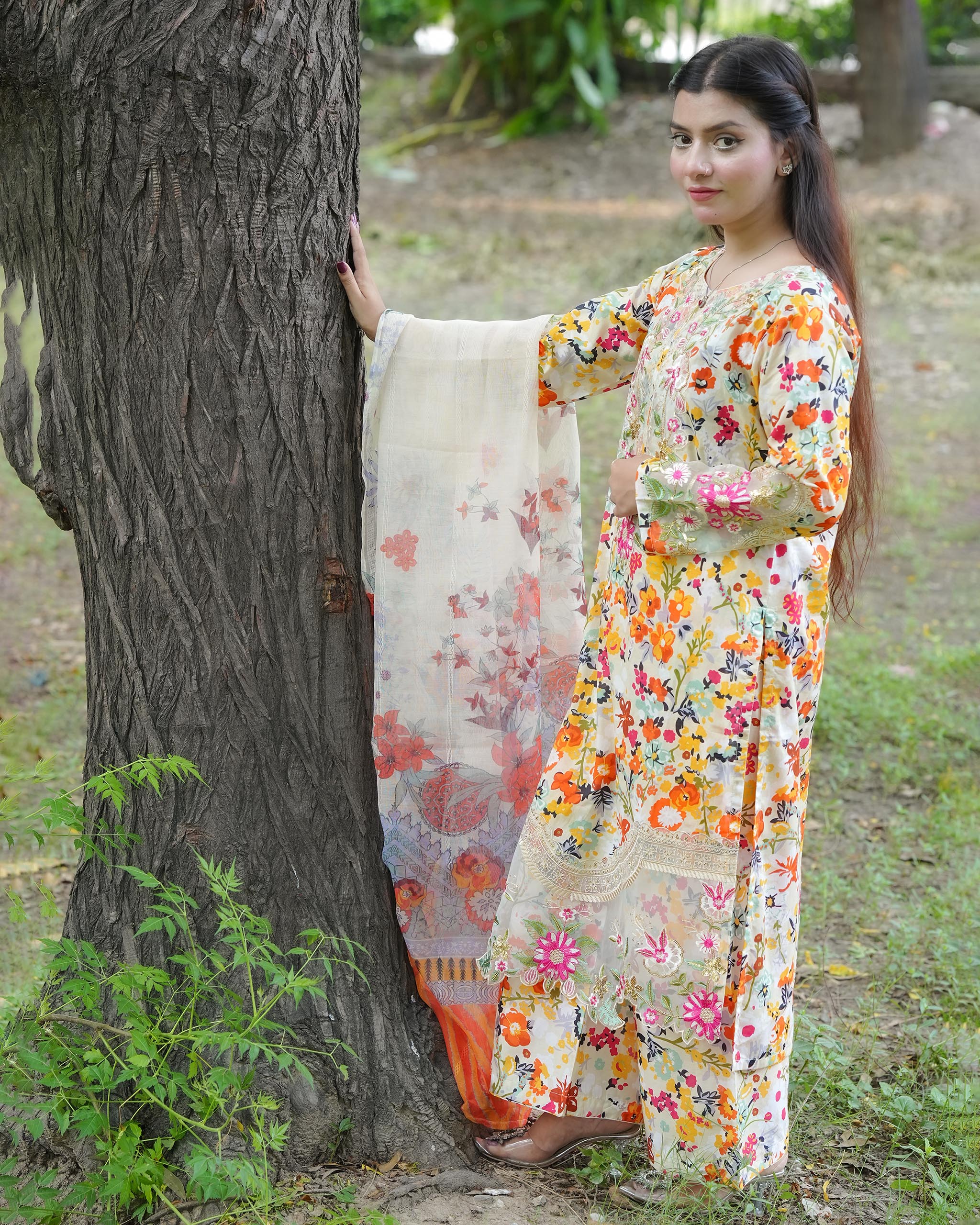 Veloria – Floral Elegance 3 Piece Cotton Suit by Attirepret