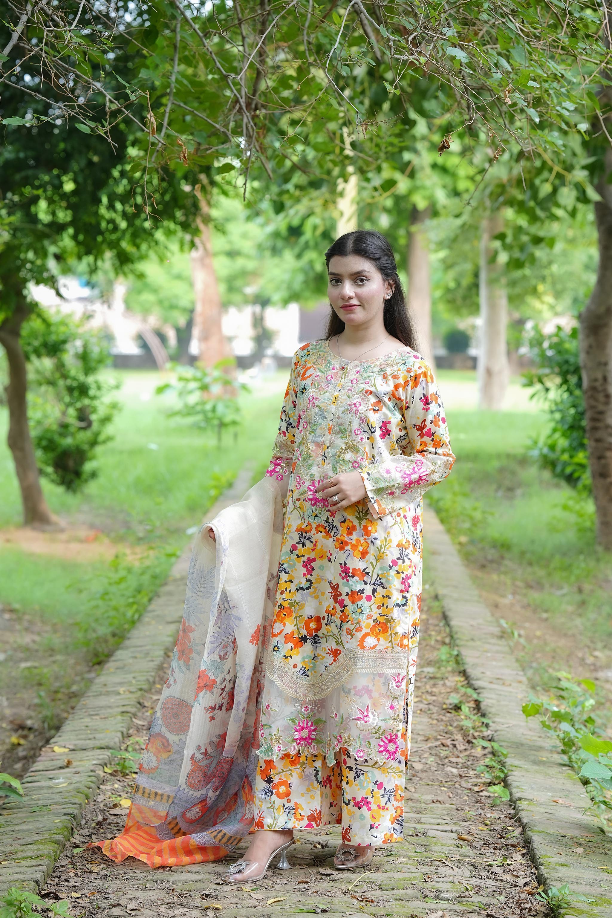 Veloria – Floral Elegance 3 Piece Cotton Suit by Attirepret