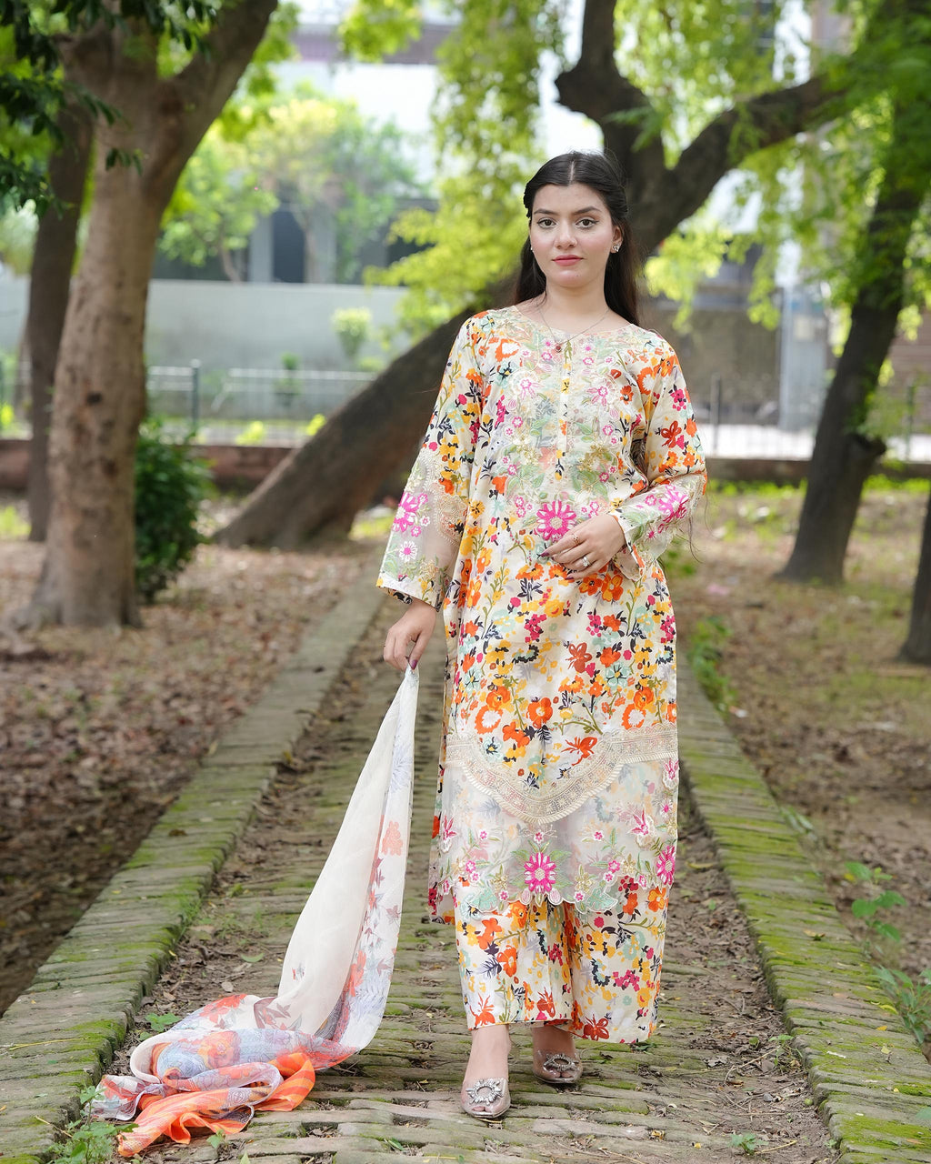 Veloria – Floral Elegance 3 Piece Cotton Suit by Attirepret