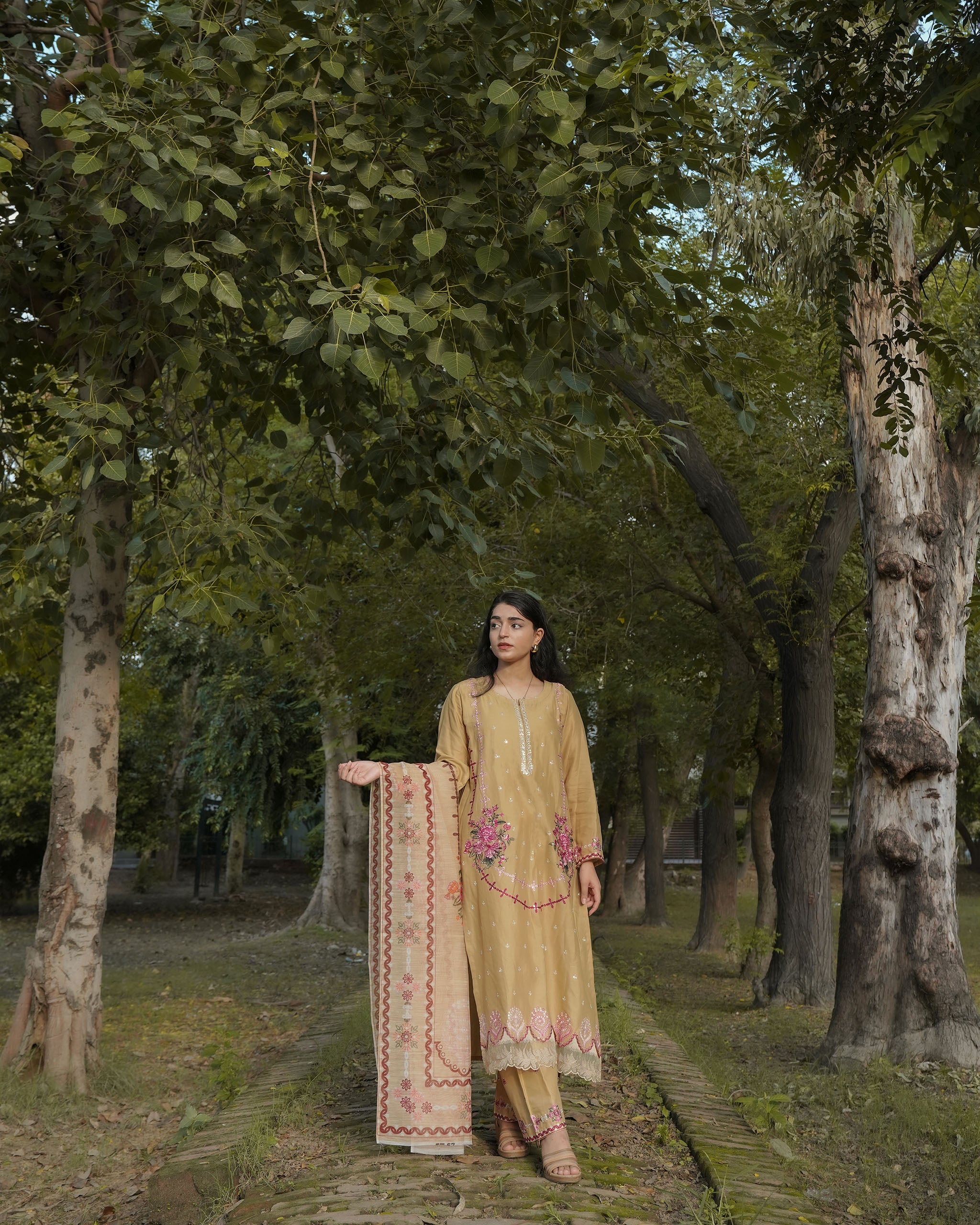 Beige 3-Piece Cotton Embroidered Suit – By AttirePret