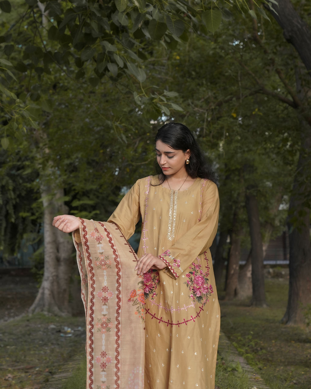Beige 3-Piece Cotton Embroidered Suit – By AttirePret