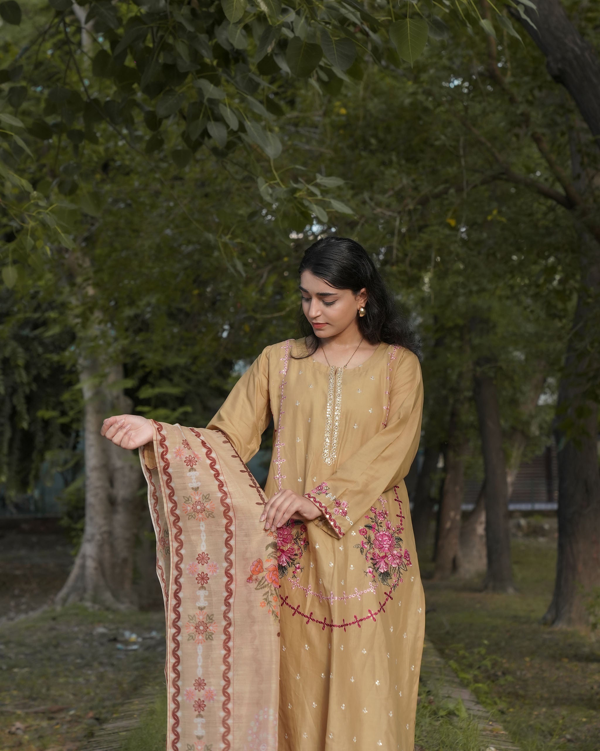 Beige 3-Piece Cotton Embroidered Suit – By AttirePret