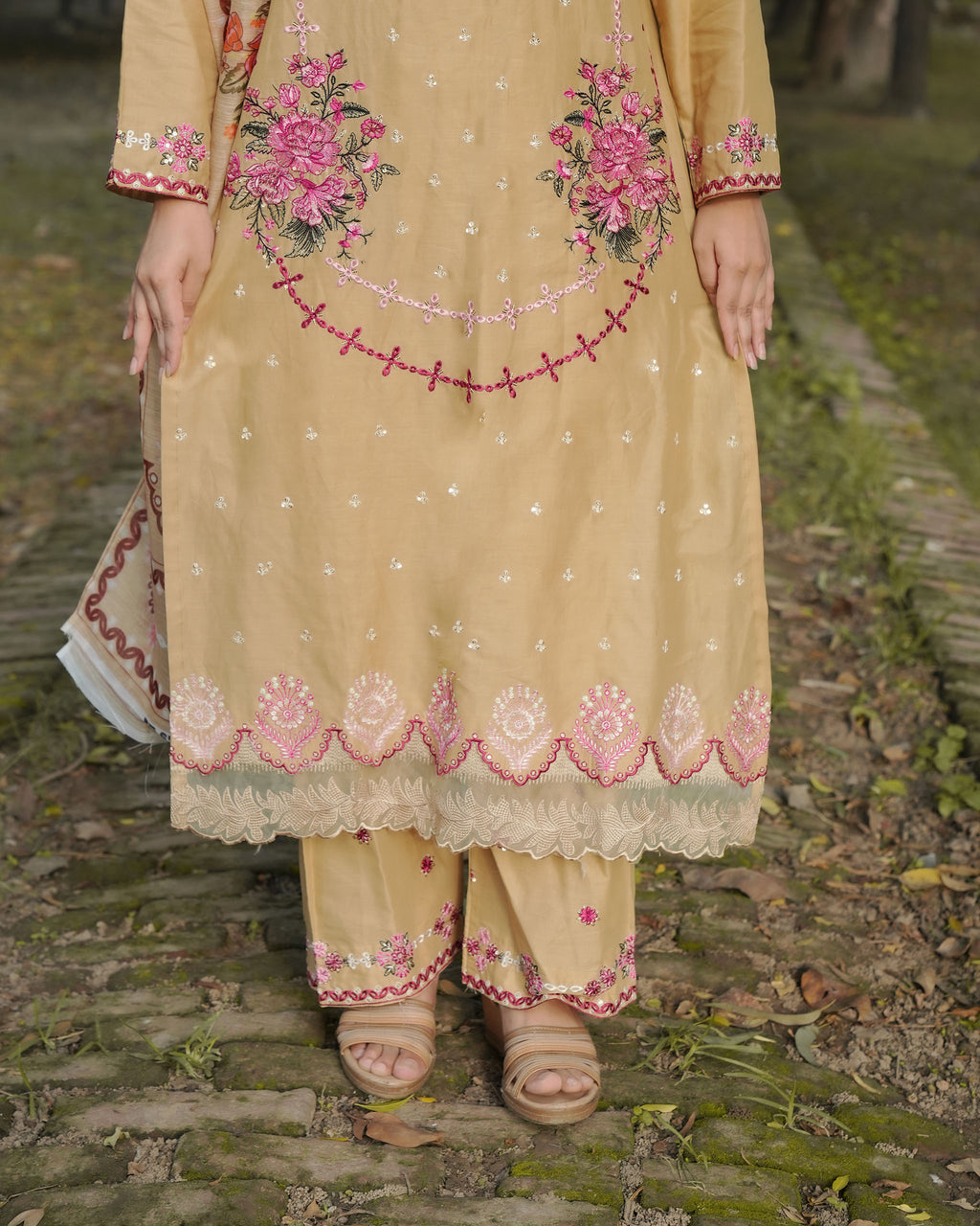 Beige 3-Piece Cotton Embroidered Suit – By AttirePret