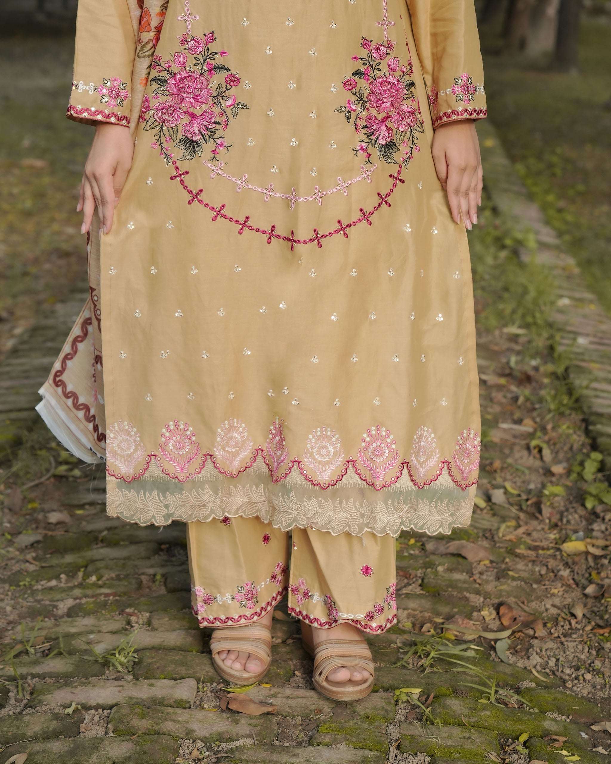Beige 3-Piece Cotton Embroidered Suit – By AttirePret