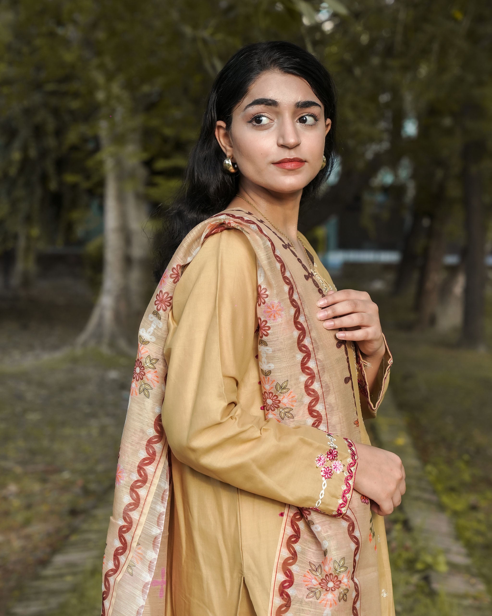 Beige 3-Piece Cotton Embroidered Suit – By AttirePret