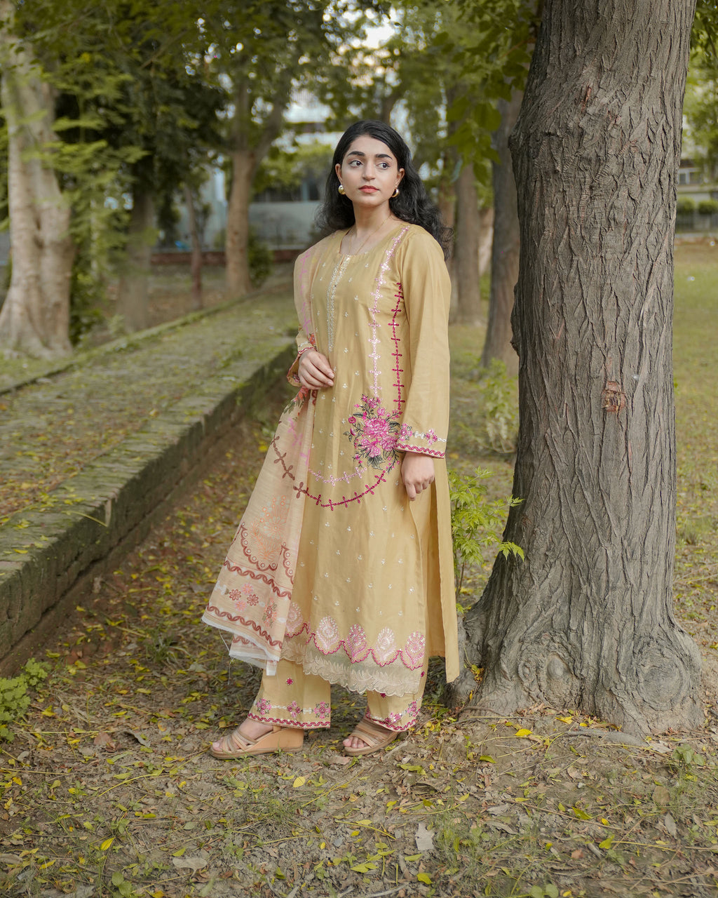 Beige 3-Piece Cotton Embroidered Suit – By AttirePret