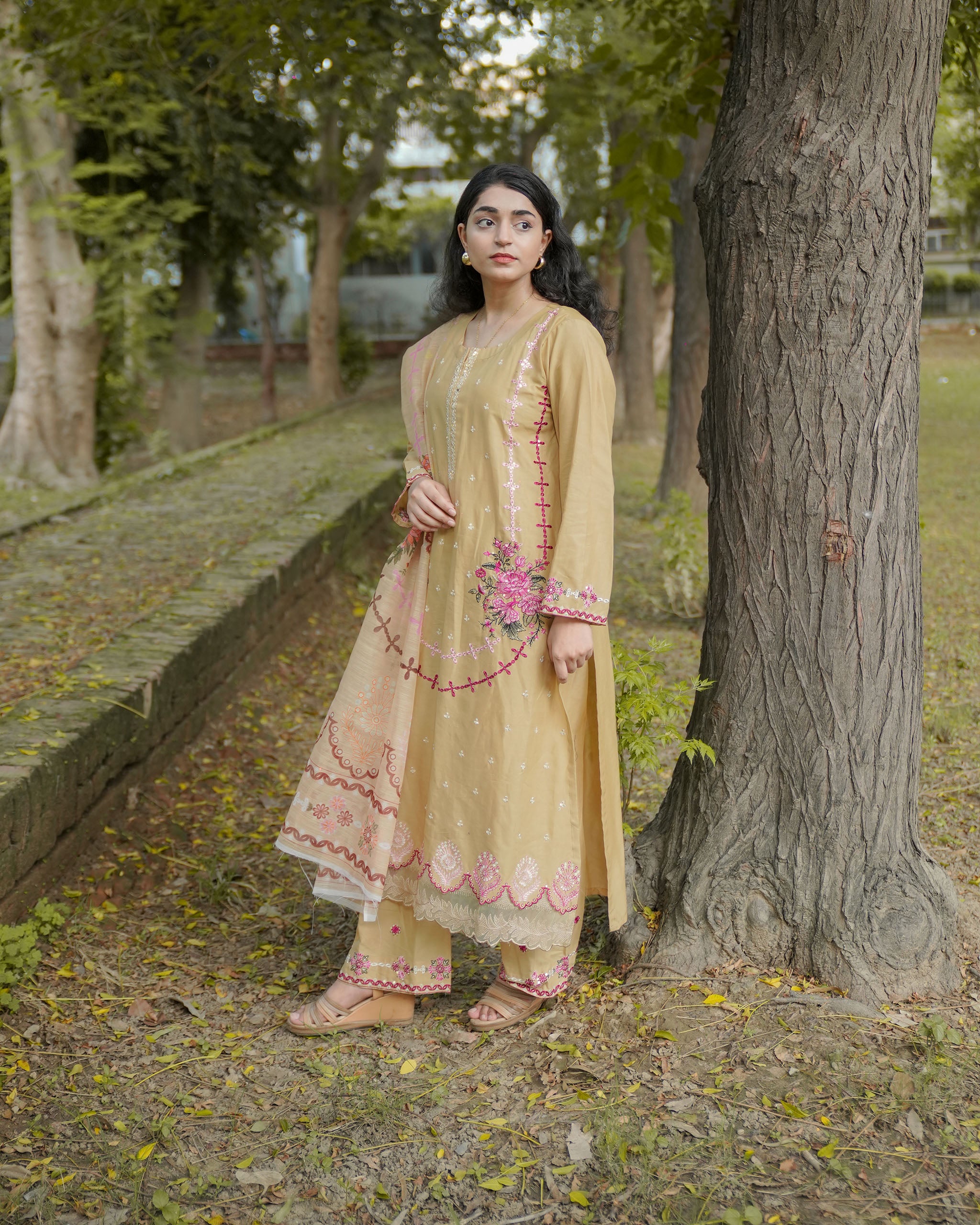 Beige 3-Piece Cotton Embroidered Suit – By AttirePret