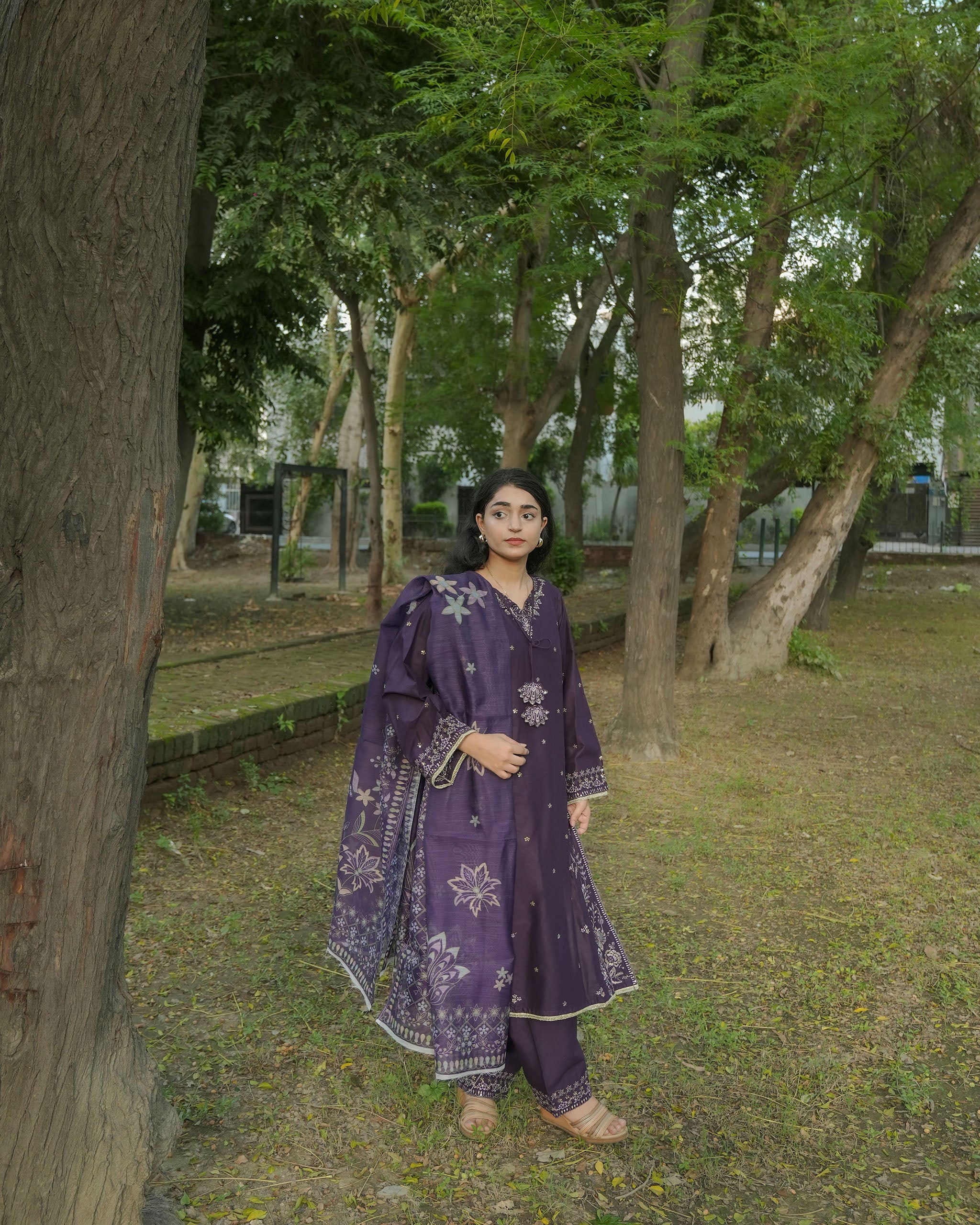 AttirePret Deep Plum 3-Piece Cotton Embroidered Suit