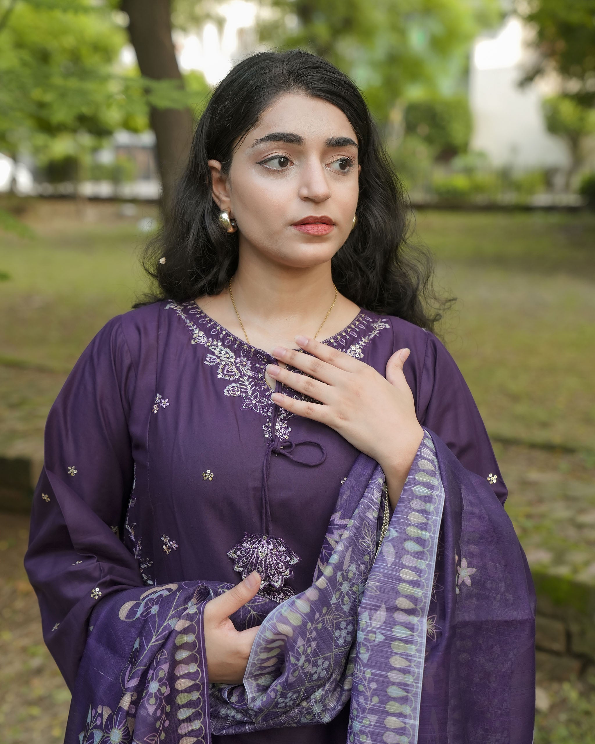 AttirePret Deep Plum 3-Piece Cotton Embroidered Suit