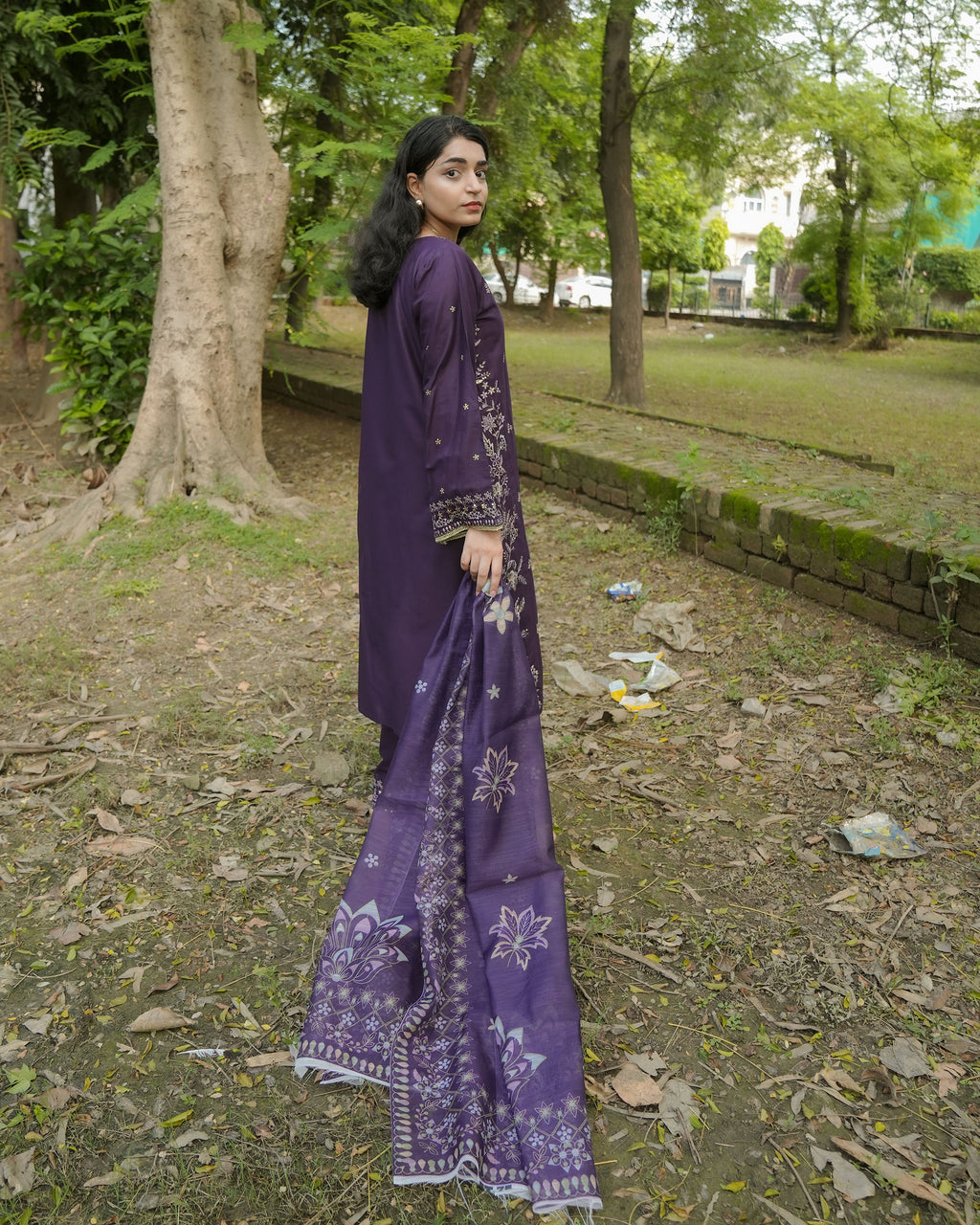 AttirePret Deep Plum 3-Piece Cotton Embroidered Suit