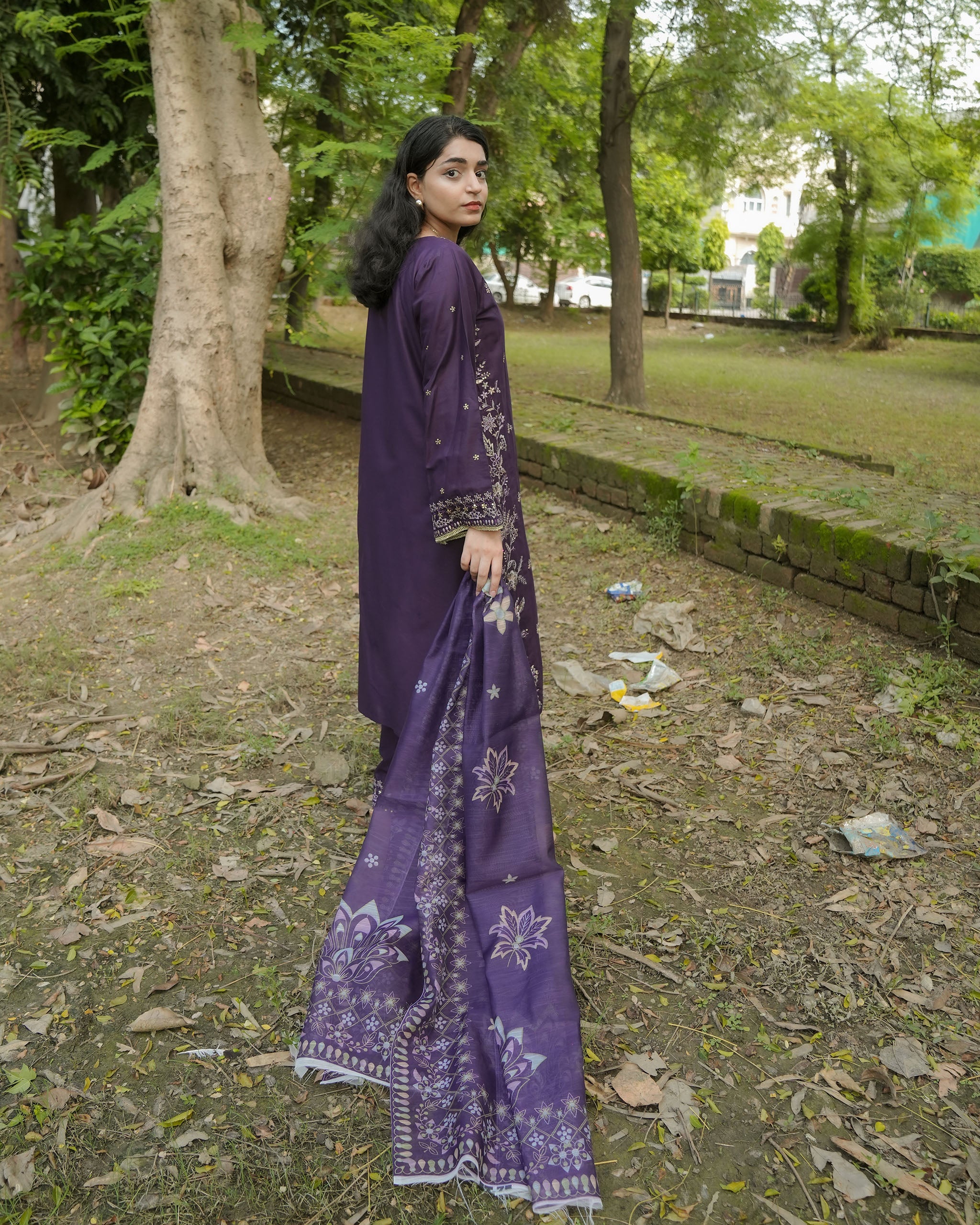 AttirePret Deep Plum 3-Piece Cotton Embroidered Suit
