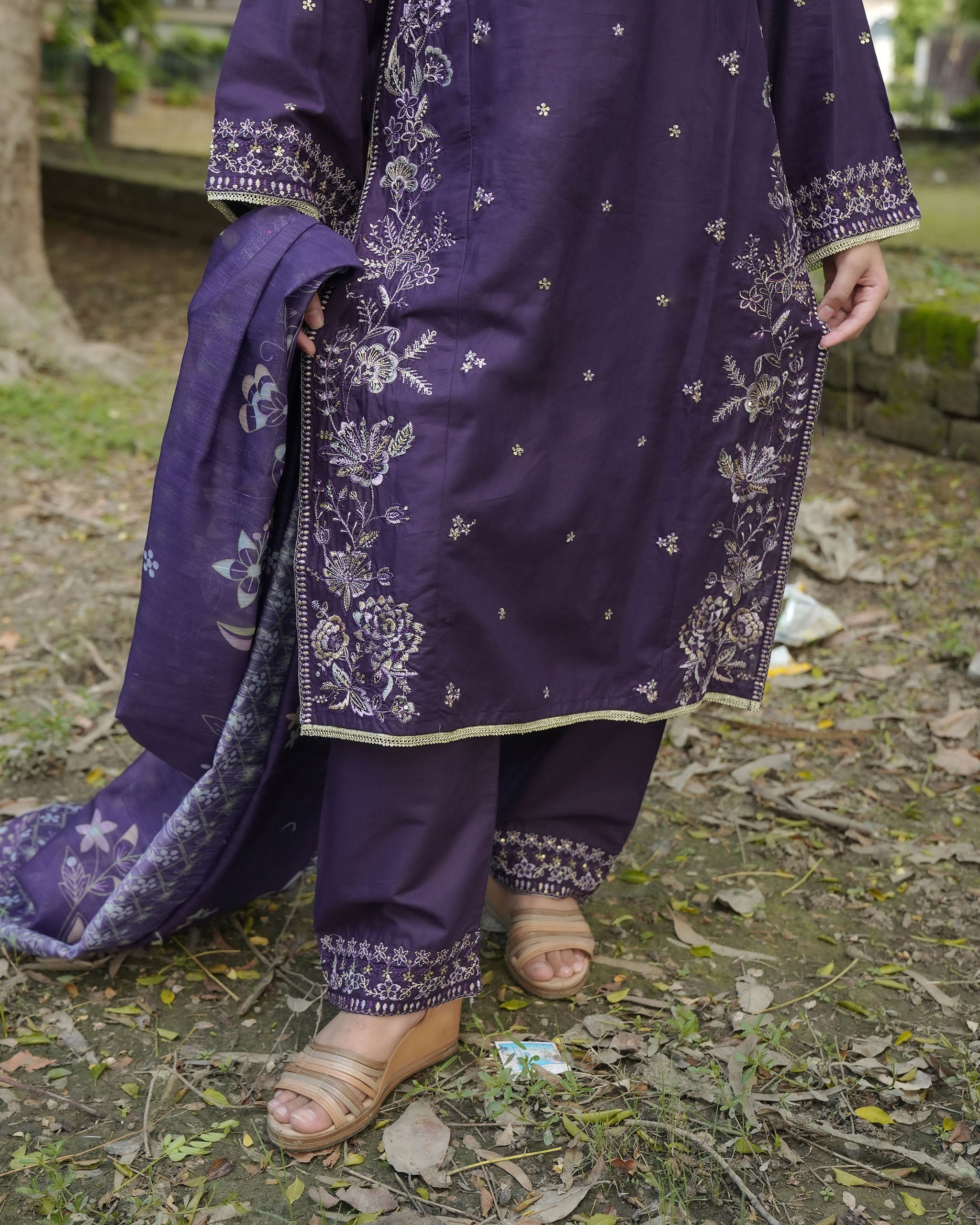 AttirePret Deep Plum 3-Piece Cotton Embroidered Suit