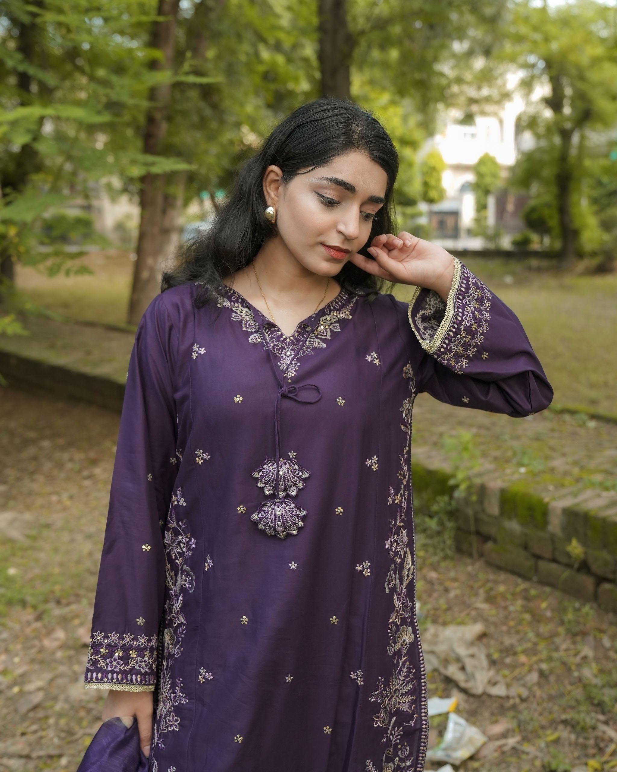 AttirePret Deep Plum 3-Piece Cotton Embroidered Suit