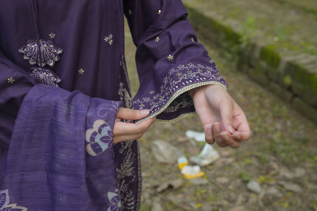 AttirePret Deep Plum 3-Piece Cotton Embroidered Suit
