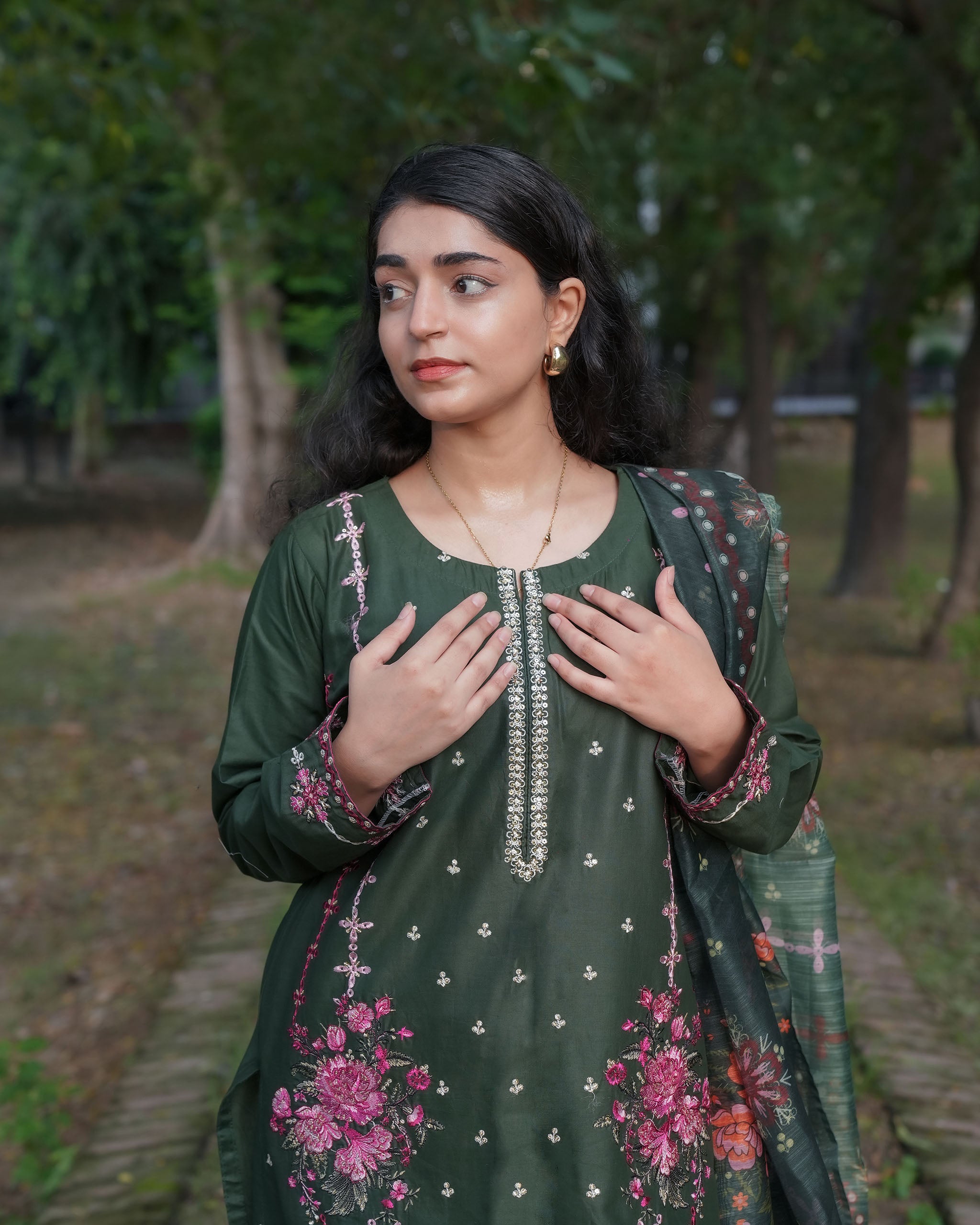 Emerald Green Floral Embroidered 3-Piece Suit by AttirePret