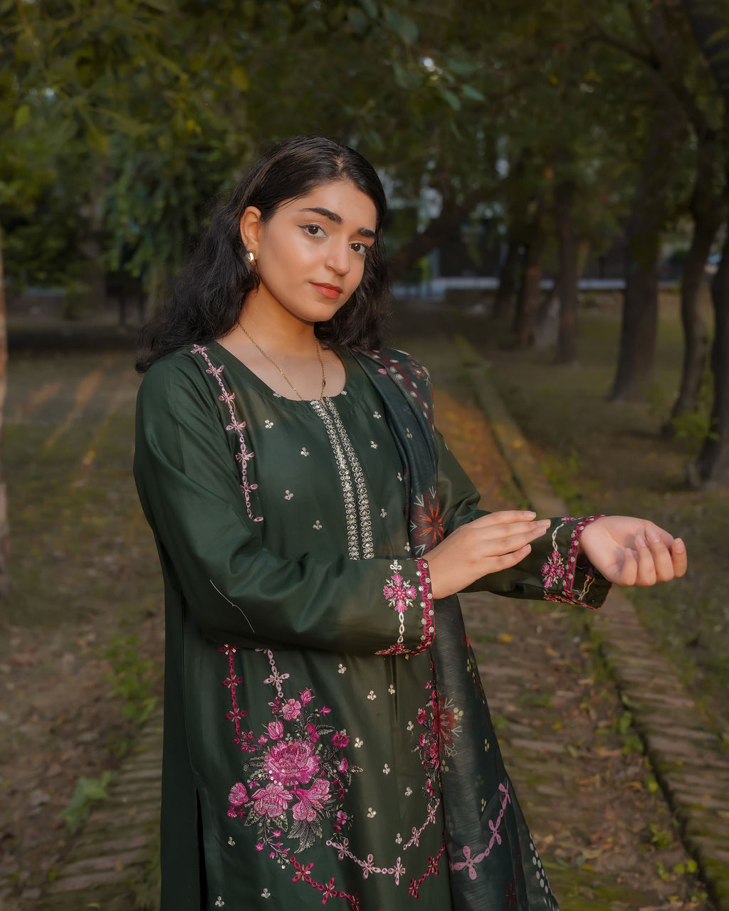 Emerald Green Floral Embroidered 3-Piece Suit by AttirePret
