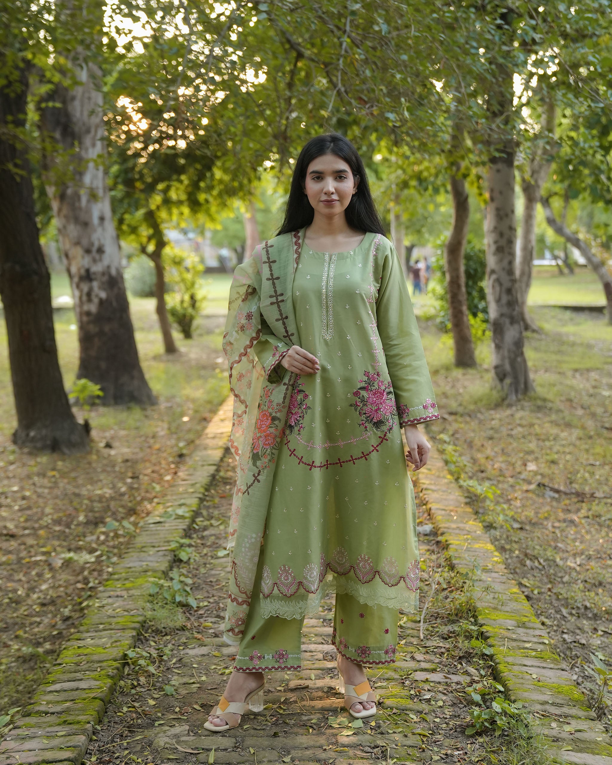 Pista Green Floral Embroidered 3-Piece Cotton