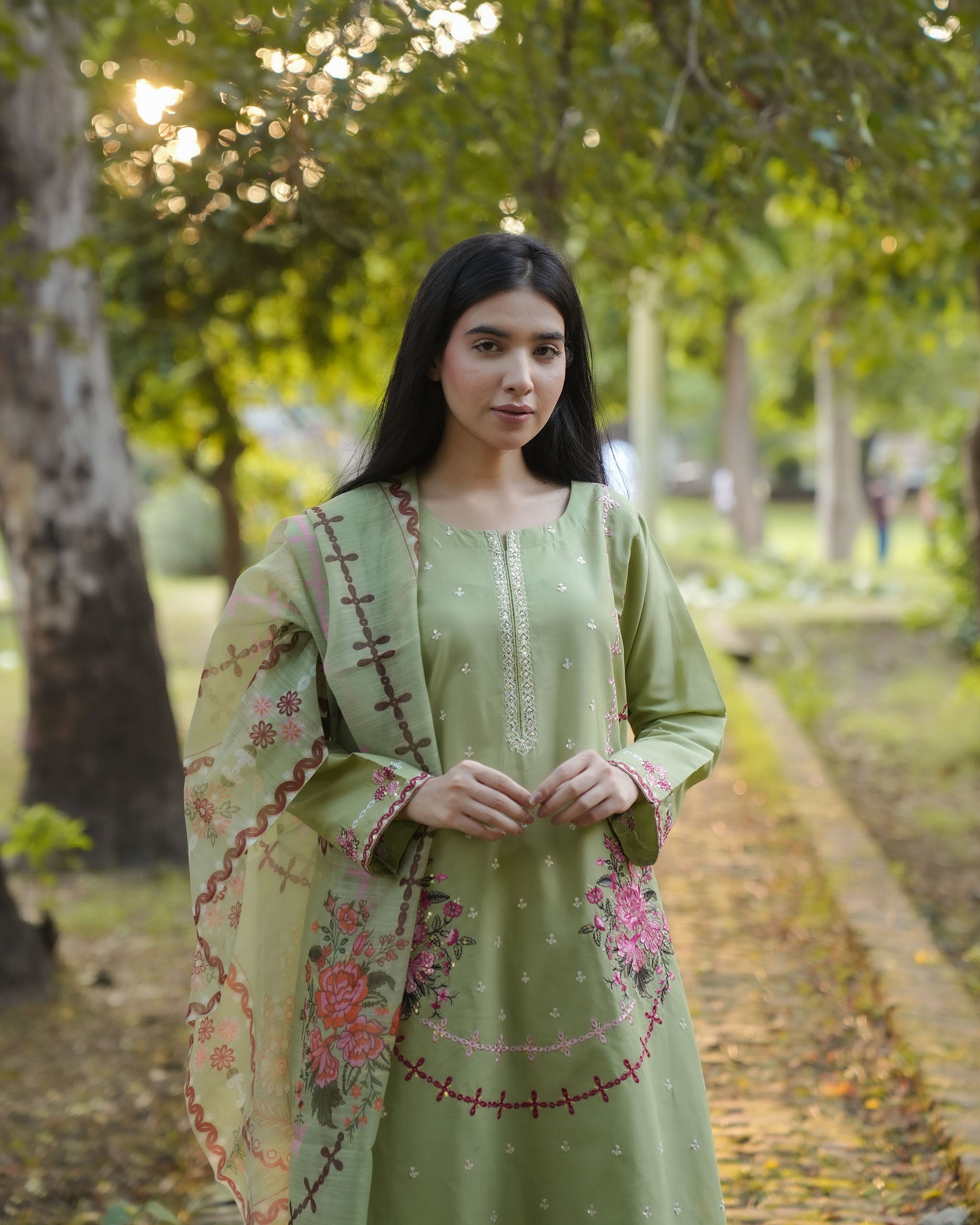 Pista Green Floral Embroidered 3-Piece Cotton