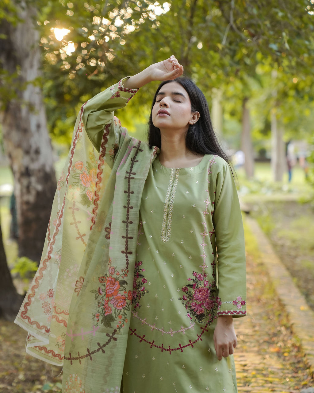 Pista Green Floral Embroidered 3-Piece Cotton