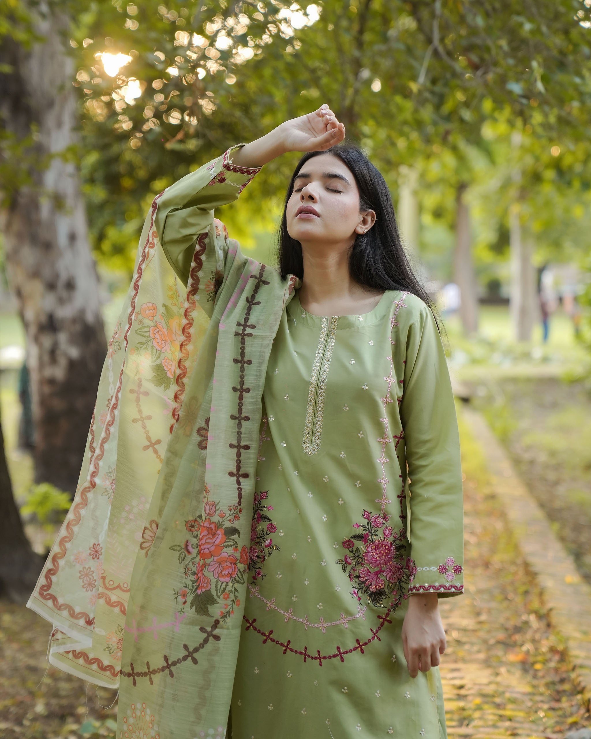 Pista Green Floral Embroidered 3-Piece Cotton