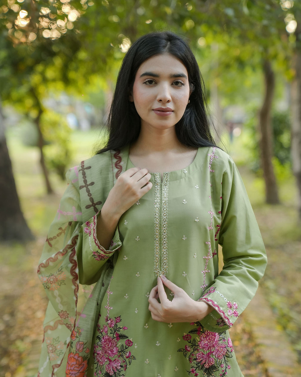 Pista Green Floral Embroidered 3-Piece Cotton